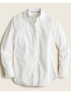 J Crew Classic Fit Ruffle Collar Shirt White Cotton Button Blouse Size 8